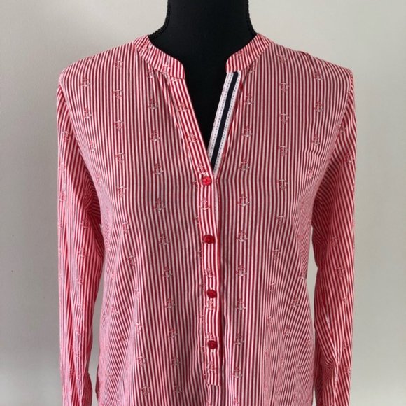 Womens Milano Stripped Red Anchor Nautical V neck button up blouse size 36 - Picture 2 of 14